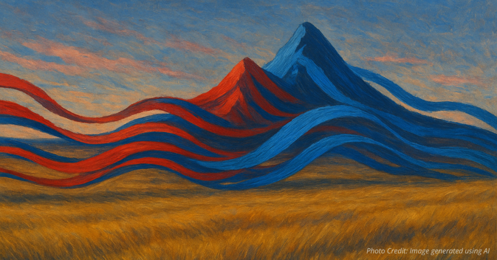 Red and blue wind ribbons forming mountain peaks
