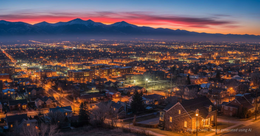 Cinematic dusk aerial view of a Colorado city glowing with warm, reliable lights beneath the Rockies.