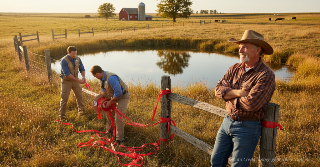 Hands pulling red tape away from a small puddle, symbolizing reduced federal regulation under new EPA WOTUS rule.