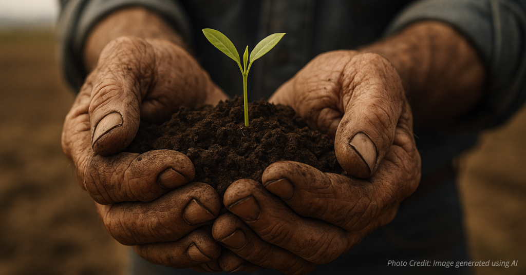 Rancher hands holding soil and seedling symbolizing rural resilience