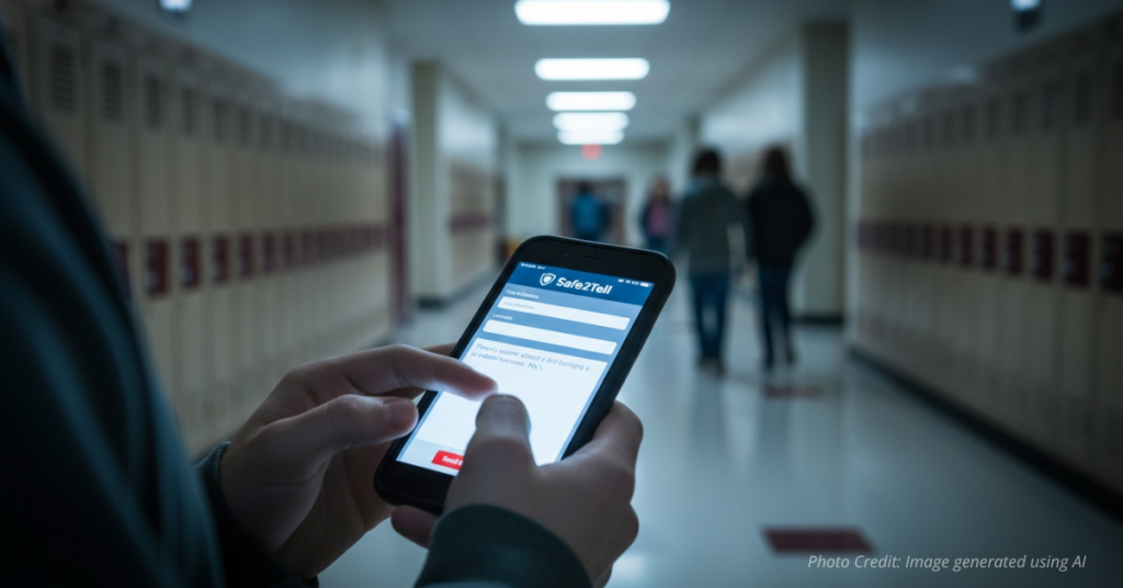 Smartphone showing a safety alert notification in a blurred school hallway.