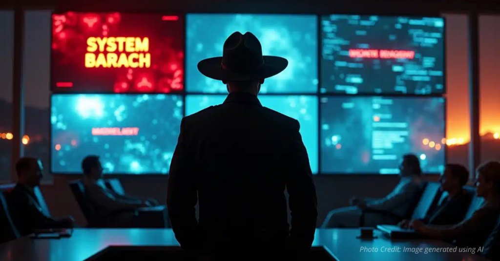 Sheriff silhouette stands before glitching emergency alert screens symbolizing failed communication systems.