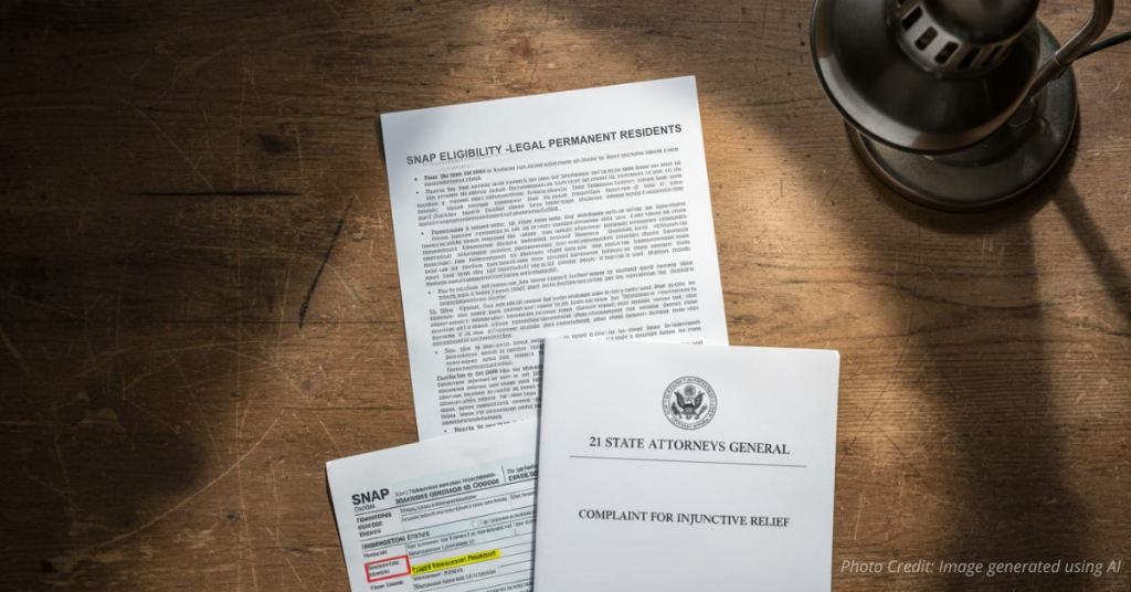Stacks of SNAP eligibility files under a review on a government office desk.