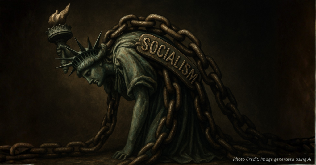 Statue of Liberty burdened by socialism chains