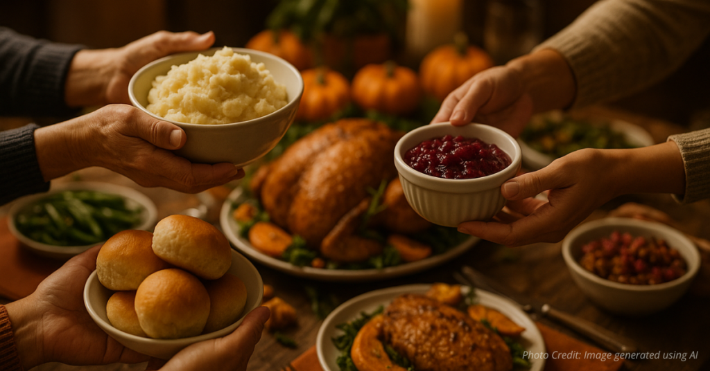 Hands passing Thanksgiving dishes around the table