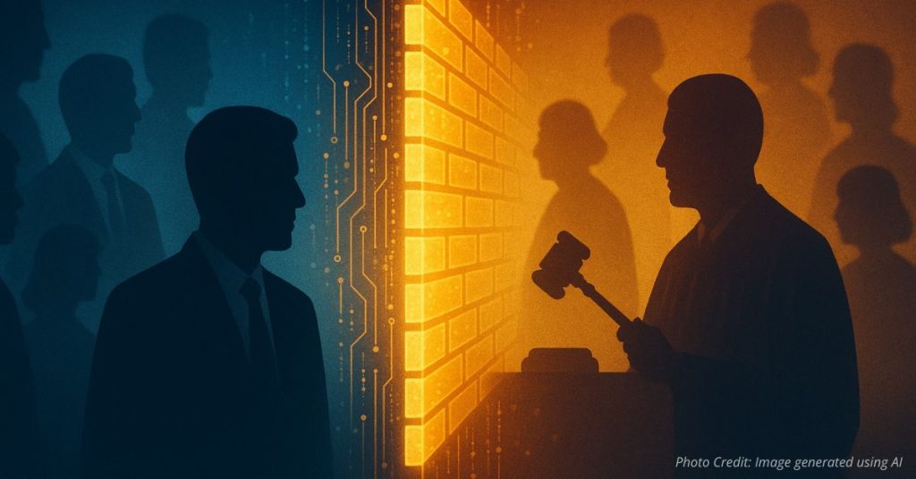 Digital firewall dividing lawyers and judges symbolizing systemic barriers