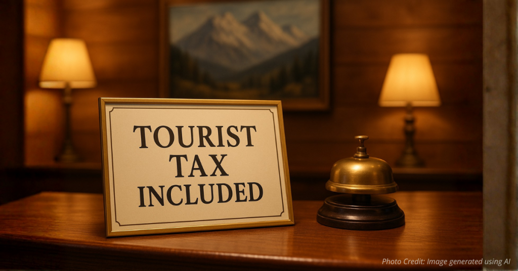 Hotel sign indicating tourist tax in Colorado mountain town