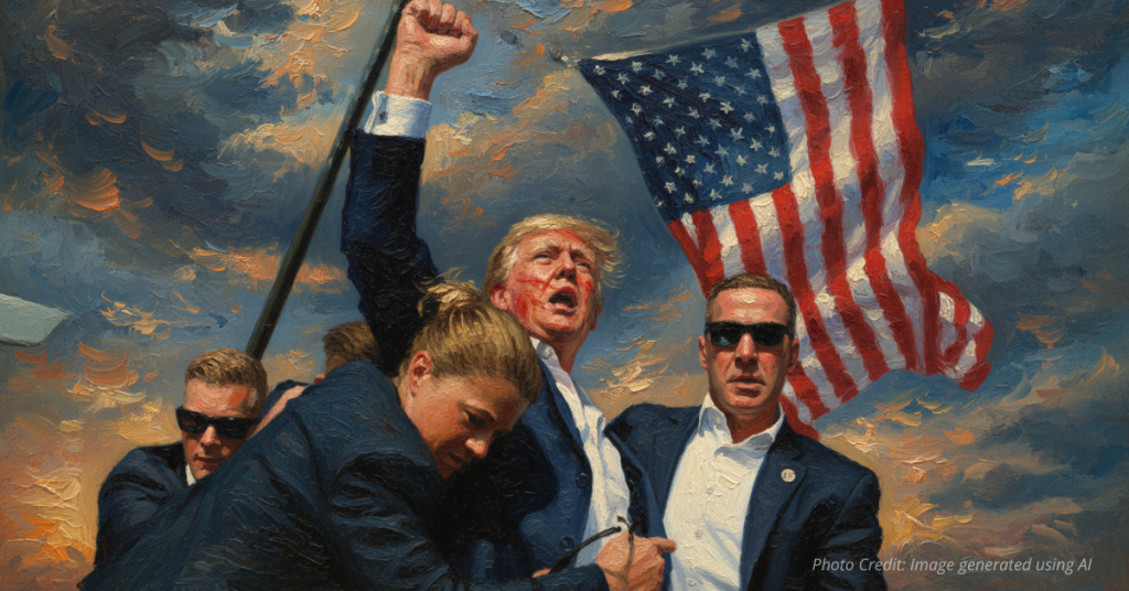 Oil painting of Trump raising fist after assassination attempt.