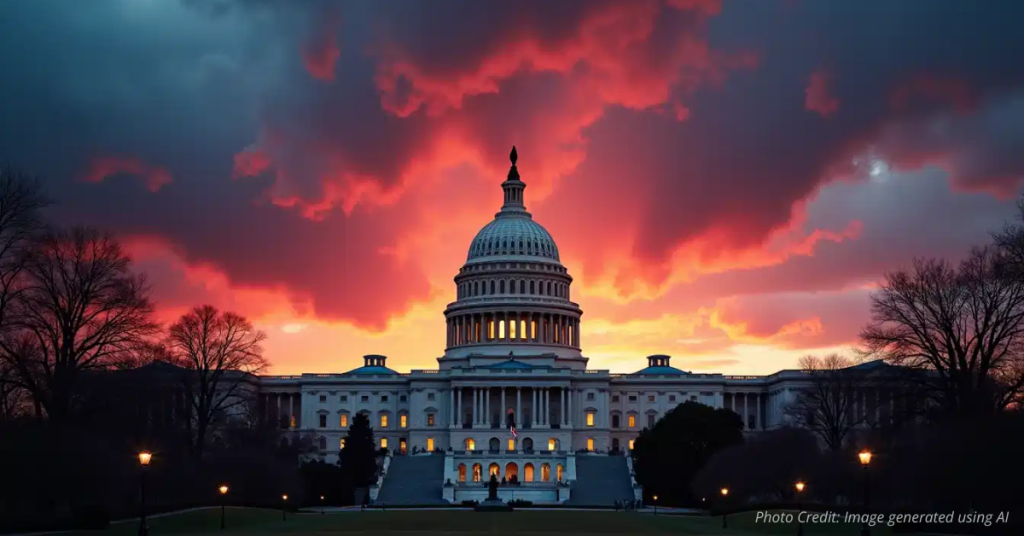 U.S. Capitol at sunrise with red and blue sky tones