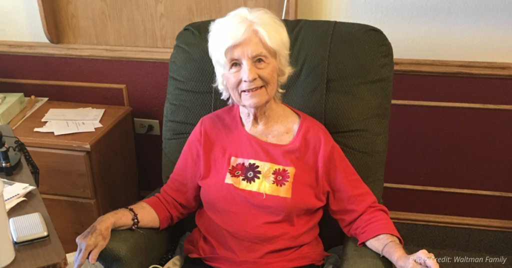 Vira Jean Waltman smiling in her armchair before Colorado’s COVID lockdown