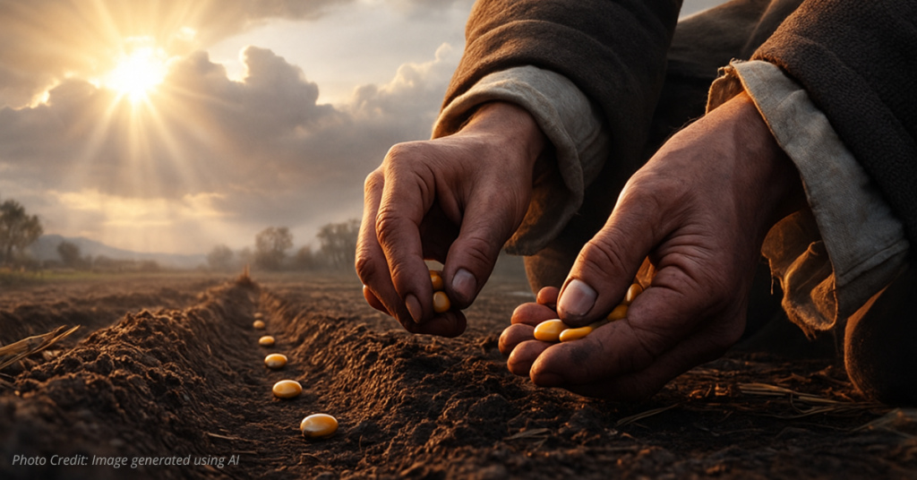 Pilgrim hands planting corn representing personal responsibility and prosperity