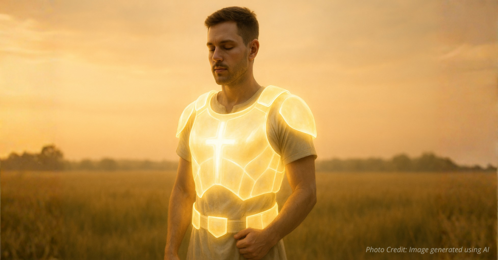 Modern figure in light-formed armor symbolizing spiritual readiness