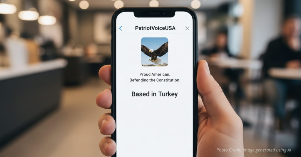 “Smartphone showing an X profile with a foreign location label.”