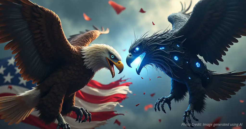Two-American eagles—one organic, one cybernetic—tearing an American flag under a stormy sky.
