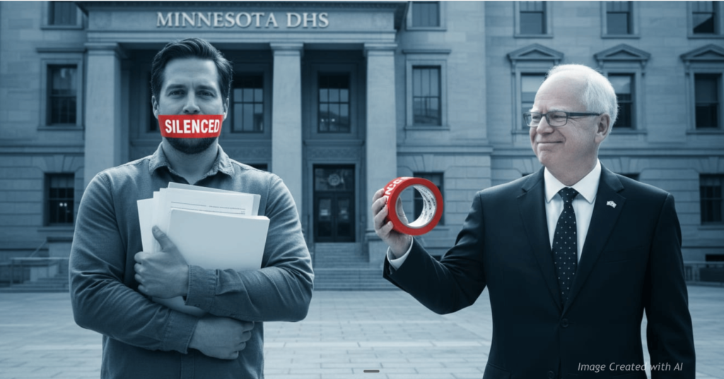Illustrated whistleblower with red “silenced” tape beside smiling Walz-like figure holding tape in symbolic cover-up scene.