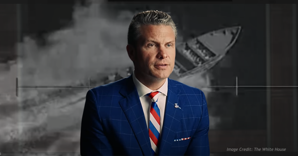 Image of Pete Hegseth overlaying targeting of drug boat.