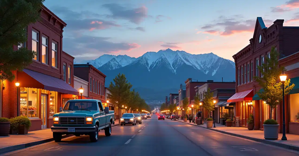 Slightly stylized view of Golden Colorado’s Main Street showing key industries in a warm, hopeful economic scene.