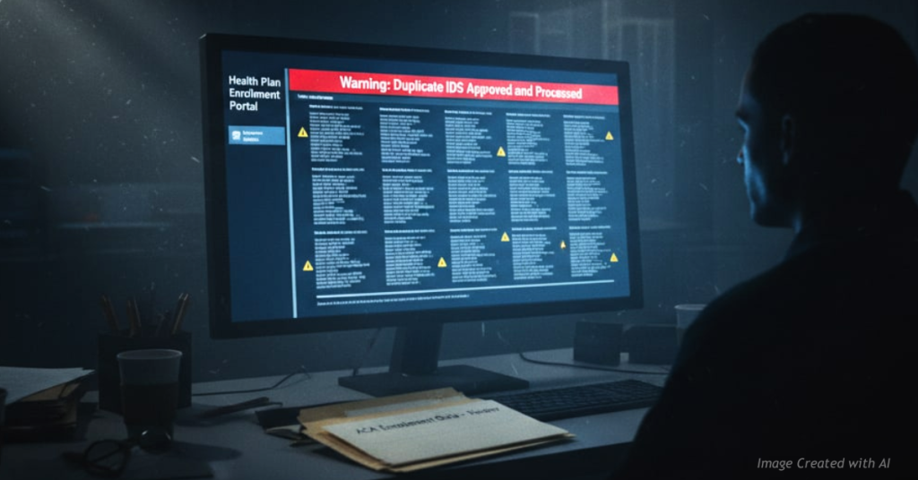 Computer screen showing duplicate ACA enrollment IDs and a warning banner, with an ACA data folder on the desk.