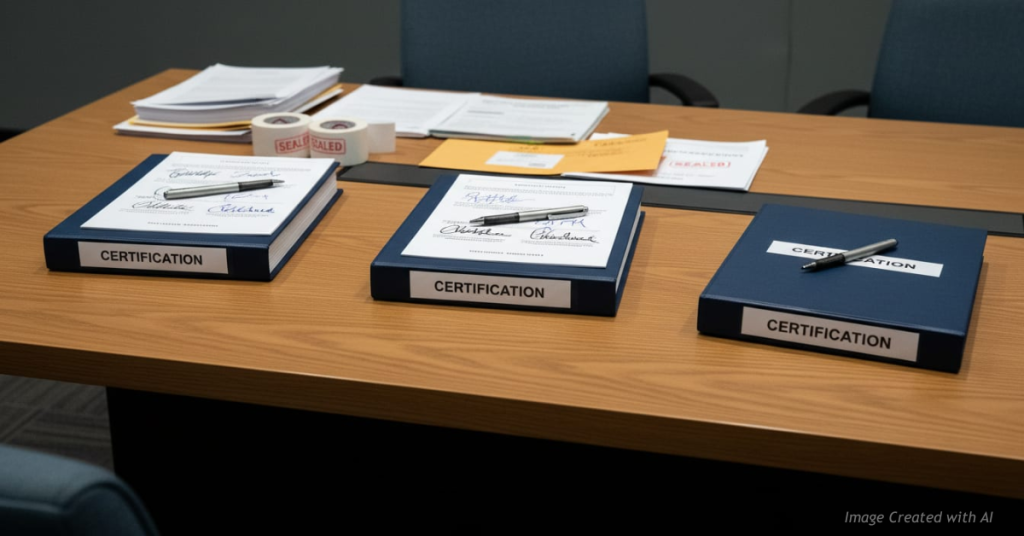 Empty chairs around a table with election documents in a government meeting room, symbolizing a disputed canvass board certification.
