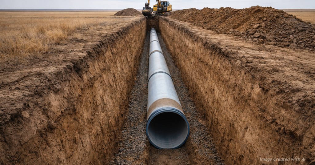 Buried drinking water pipeline under construction in southeastern Colorado, showing halted progress below the frost line.