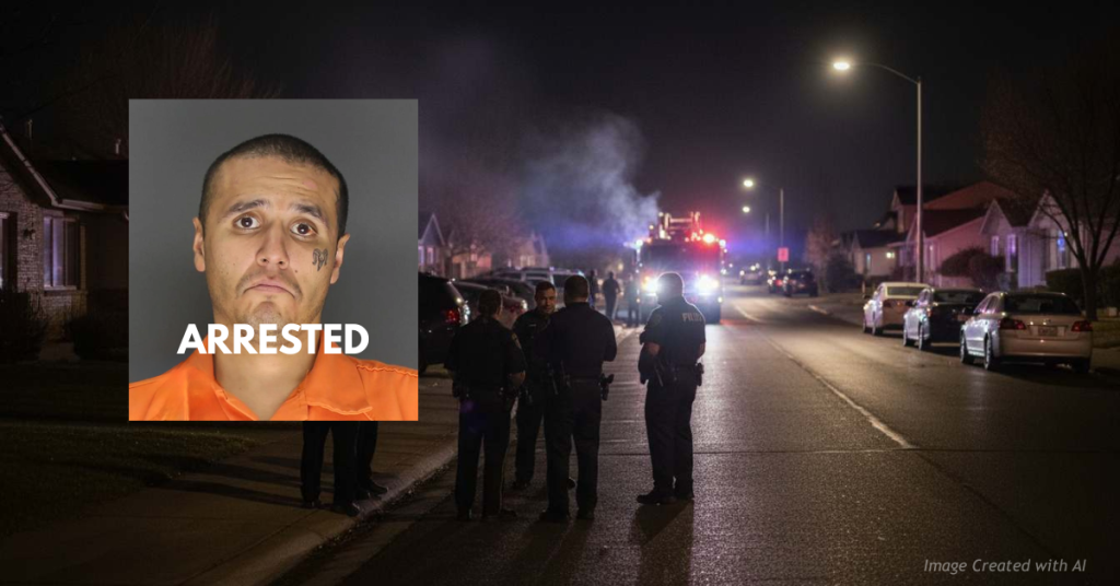 Suspect arrested as Emergency lights illuminate an Aurora neighborhood after a series of arson fires.