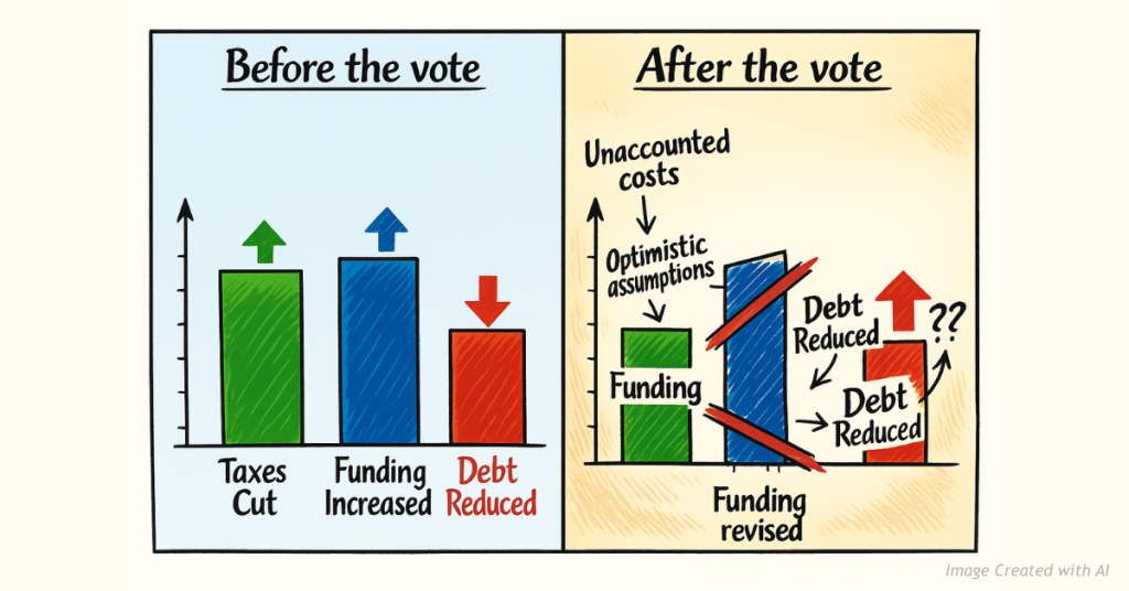 Split-panel illustration showing changing forecasts before and after Props LL and MM vote
