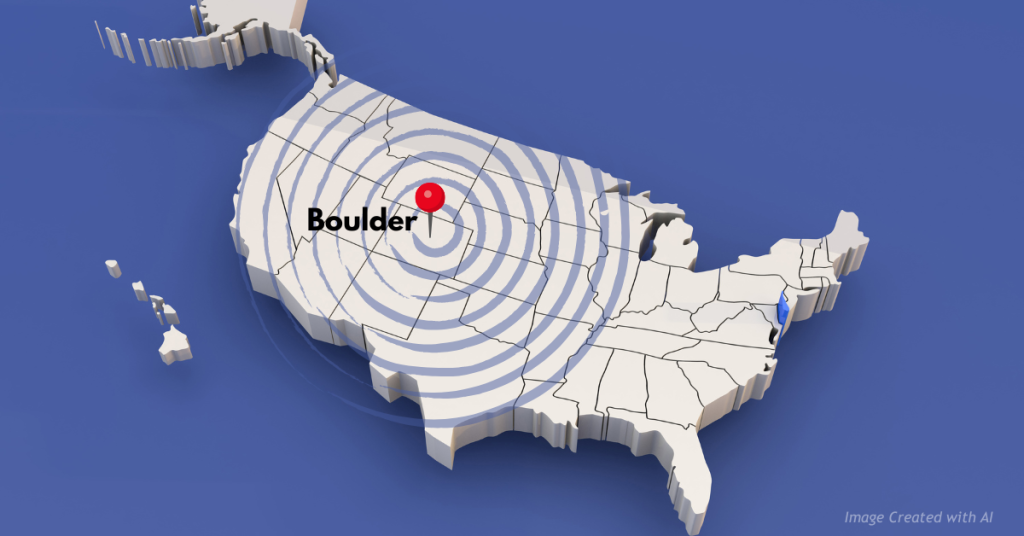 Map of the U.S. with ripple waves spreading outward from Boulder, Colorado.