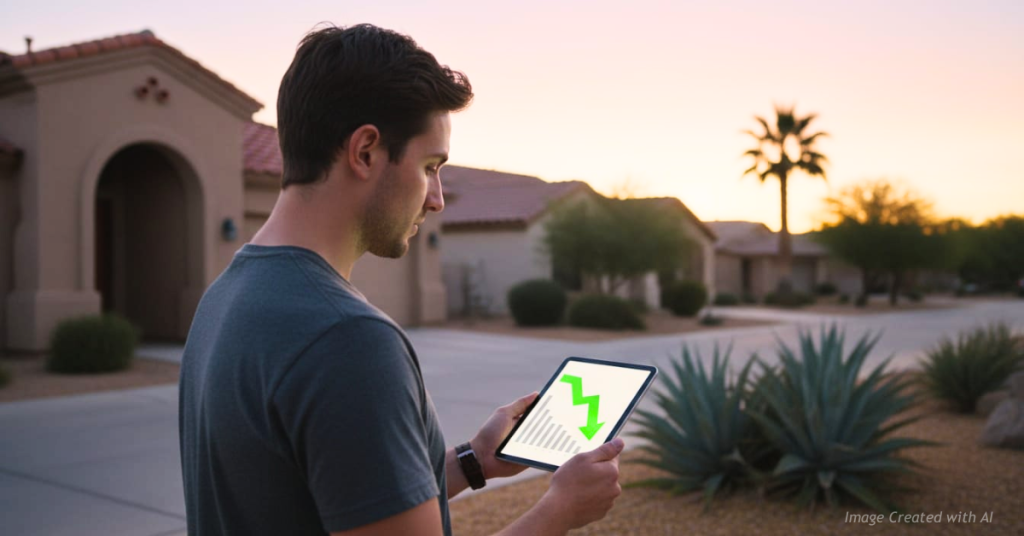Person viewing a home listing on a tablet with a downward price trend symbol.