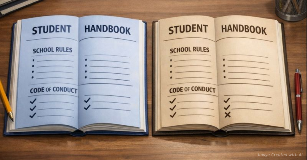 Two school rulebooks symbolizing unequal discipline standards in Cherry Creek schools