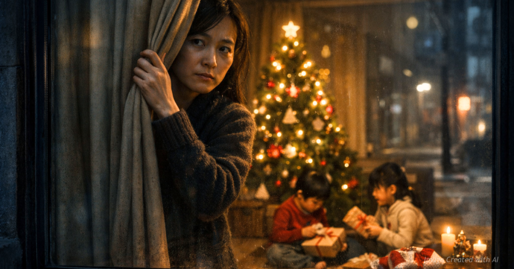 A mother closes curtains as children celebrate Christmas quietly inside a Chinese apartment.