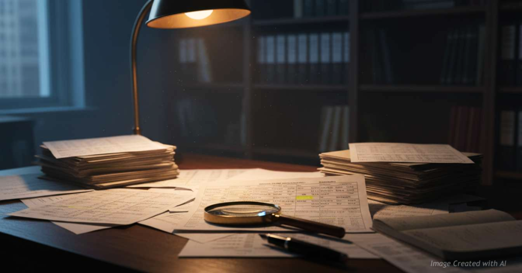 Campaign finance documents examined under a magnifying glass in a cinematic investigative setting