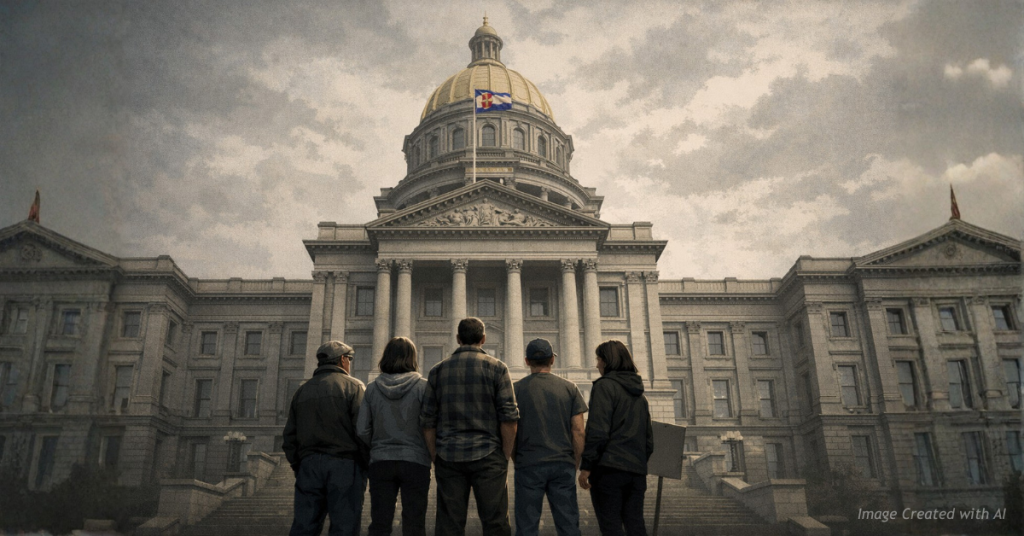 Citizens stand beneath a towering government building symbolizing grassroots resistance to state power