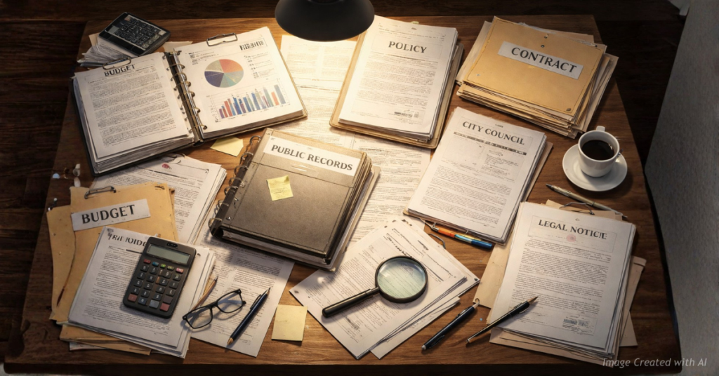 Table covered with public records and documents