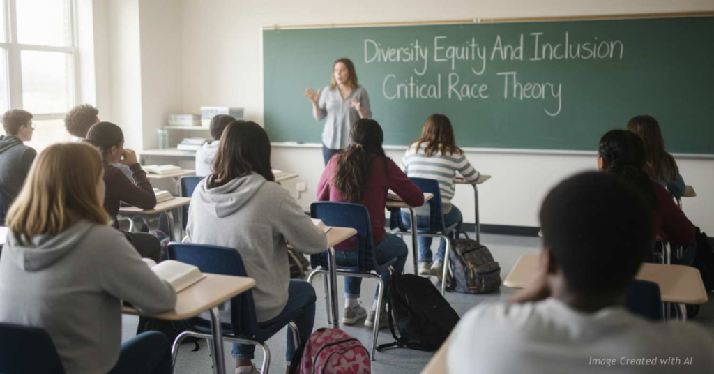 High school classroom with diverse students as teacher lectures beneath chalkboard listing DEI and Critical Race Theory.