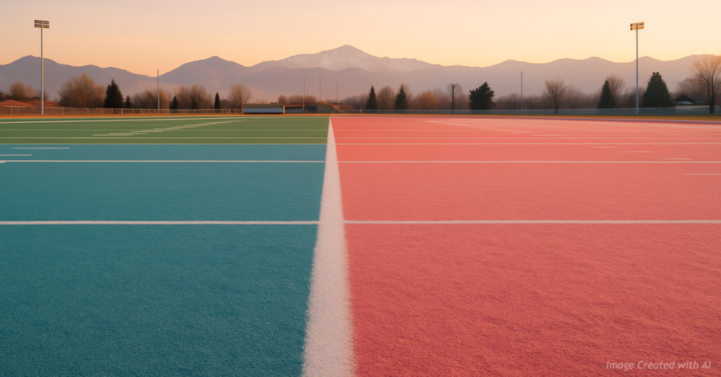 Athletic field split into turquoise and coral halves at sunrise symbolizing sex based sports policies in Colorado