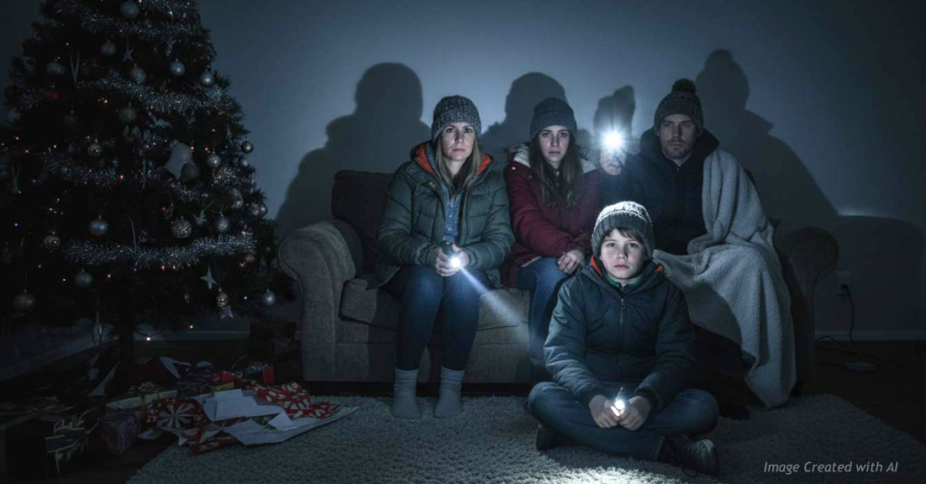 Family huddles with flashlights and blankets beside an unlit Christmas tree during a winter power outage.