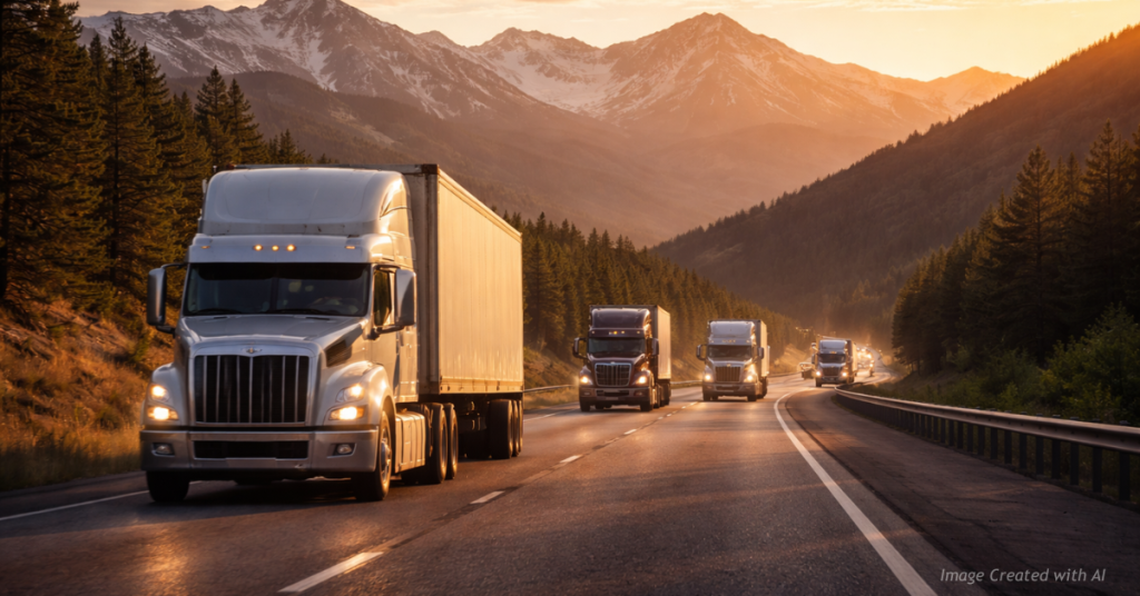 Semi trucks travel a Colorado highway at golden hour highlighting public safety concerns tied to commercial driver licensing.