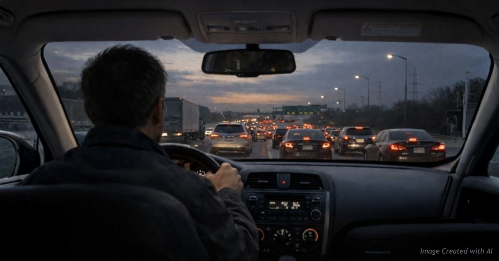 Early morning commuter stuck in traffic symbolizing the human cost of policy decisions