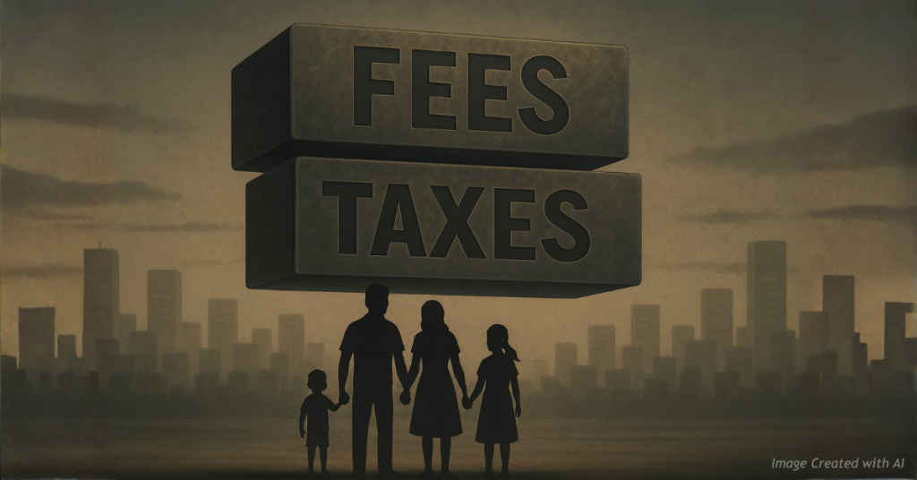 Colorado family silhouette squeezed between Fees and Taxes