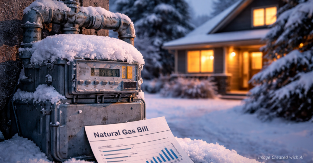 Snow-covered natural gas meter outside a Colorado home, symbolizing rising winter heating costs for households.