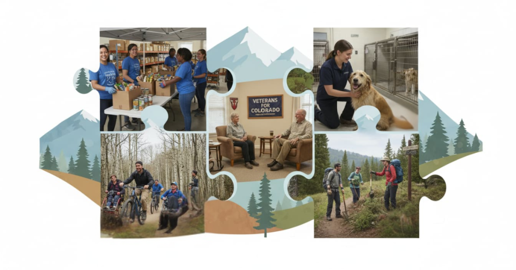 Collage of Colorado nonprofit scenes arranged as interconnected puzzle pieces.