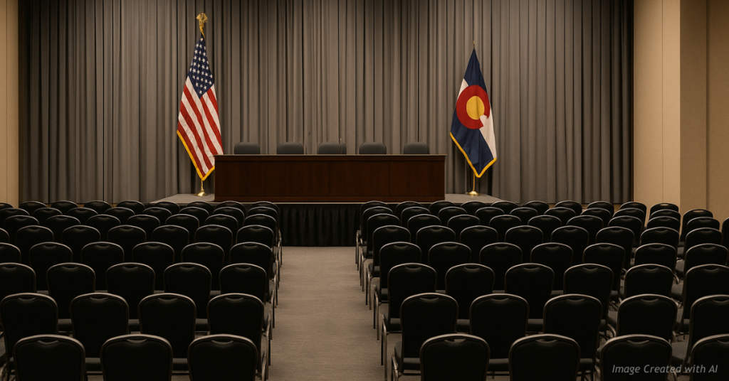 Empty assembly hall prepared for Colorado GOP State Assembly under state law