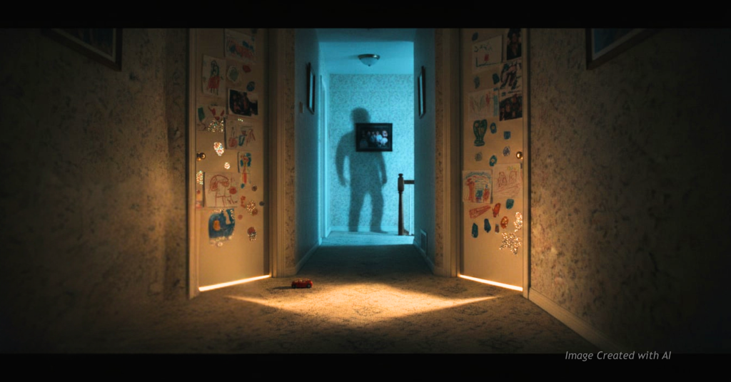 Shadowy figure approaches children’s bedroom doors in dim hallway of Colorado home at night.