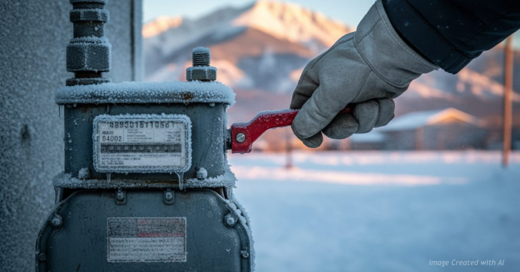 Hand turning off a frost-covered natural gas meter with Colorado mountains at sunrise.