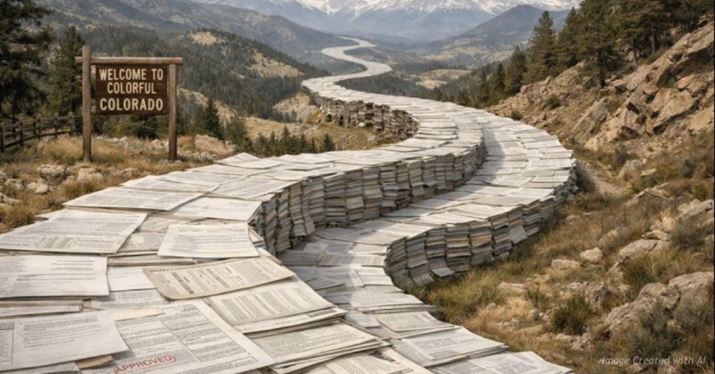 Colorado road made of regulatory paperwork symbolizing policy buildup