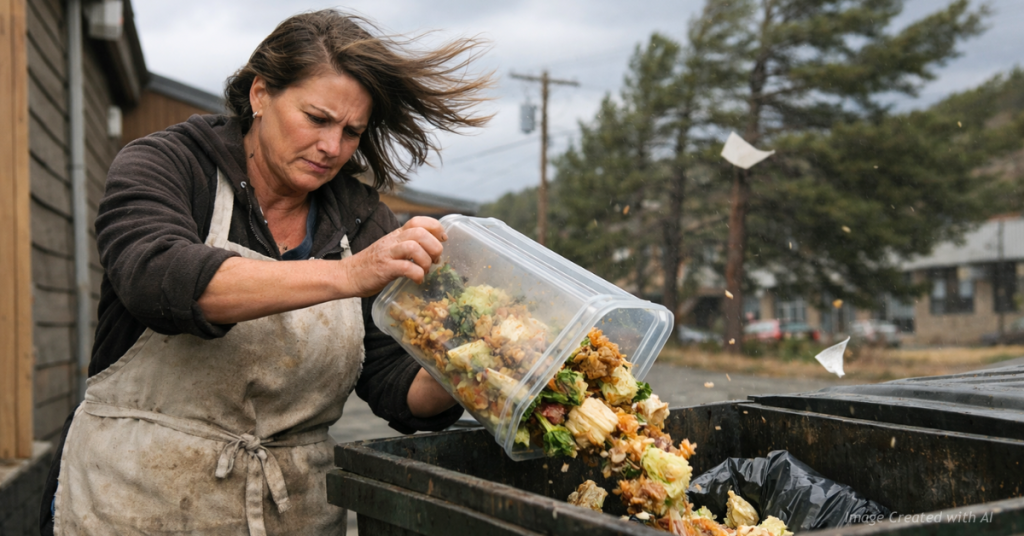 Restaurant owner dumps spoiled food during a wind-driven power outage in a Colorado mountain town.