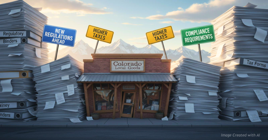 Colorado small business squeezed by giant regulatory binders and signs showing rising taxes and compliance pressures.