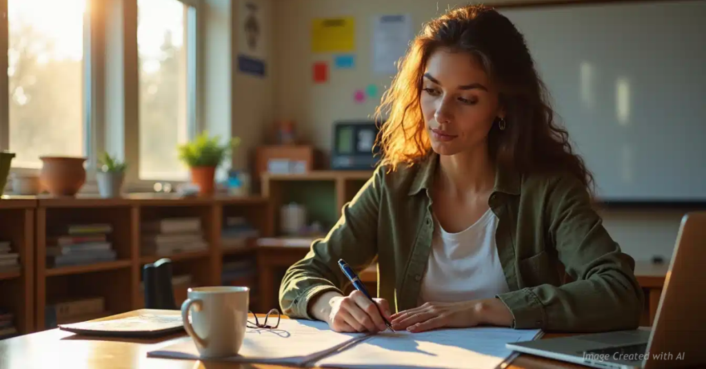 “Colorado teacher reviews dues and refund paperwork at her desk in warm after-school light.”