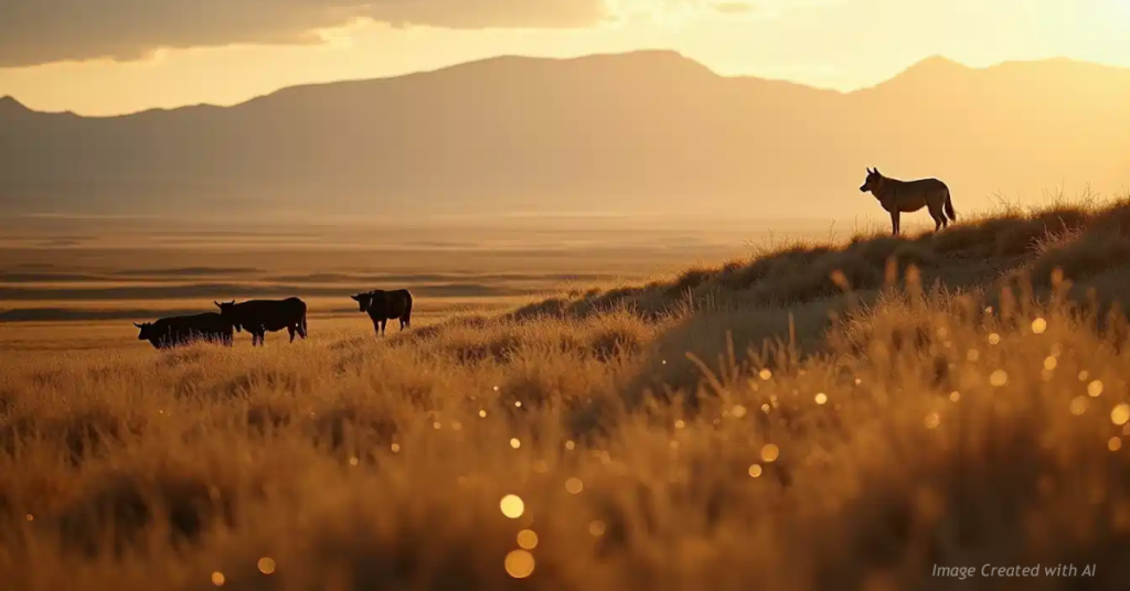 Cattle grazing in foreground with a lone wolf watching from a distant ridge.