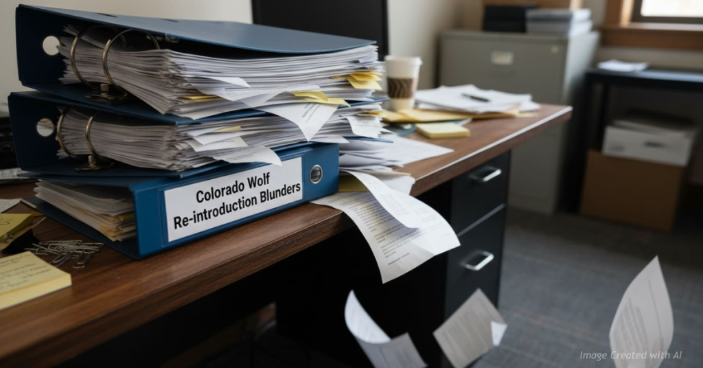 Overstuffed binder labeled “Colorado Wolf Re-introduction Blunders” with papers spilling across a desk and falling to the floor.